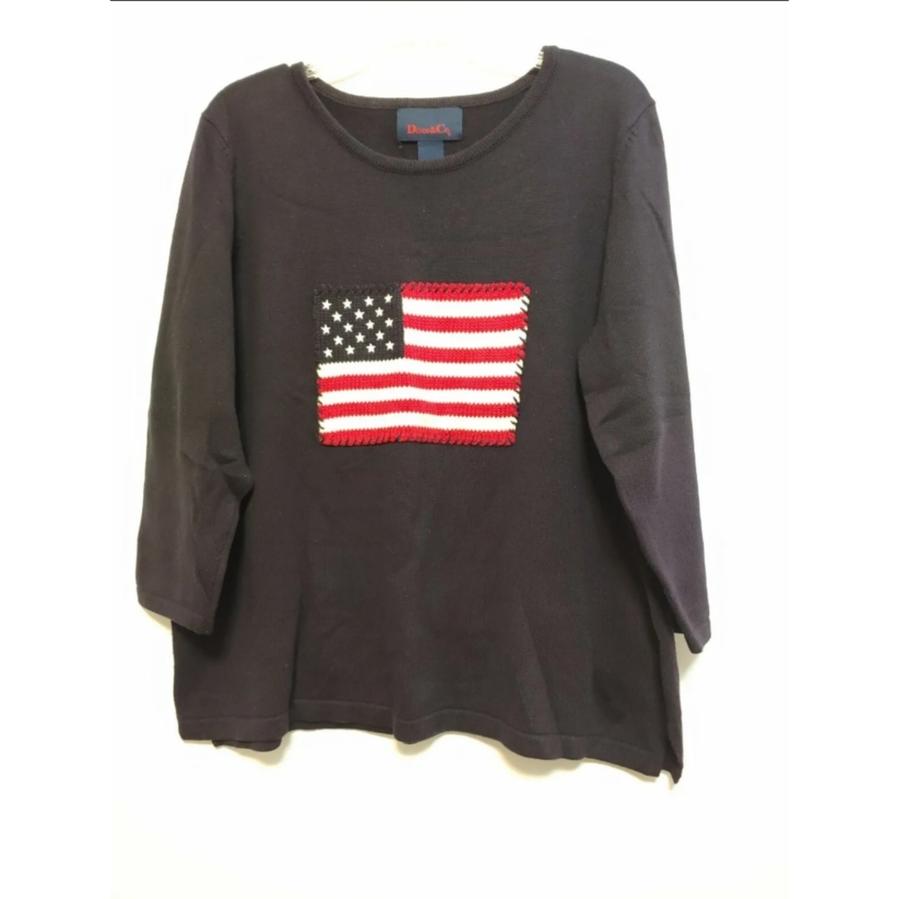 Denim&Co Womens Navy Blue Red American Flag Crocheted 3/4 Sleeve Sweater 1X